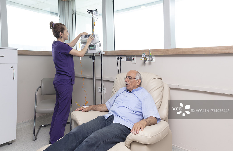 护士准备带病人进行医疗程序，在输液室里，女护士照顾男病人，并准备给他用药。房间配备了医疗设备。图片素材