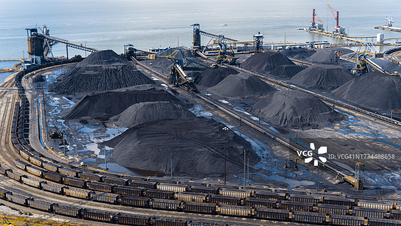 纽波特纽斯港的全球业务煤炭运输，湿煤堆被铁路上的集装箱包围，航拍视角图片素材