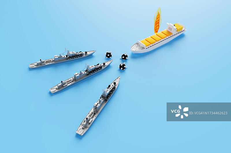 被水雷和多艘军舰阻挡的运粮船图片素材