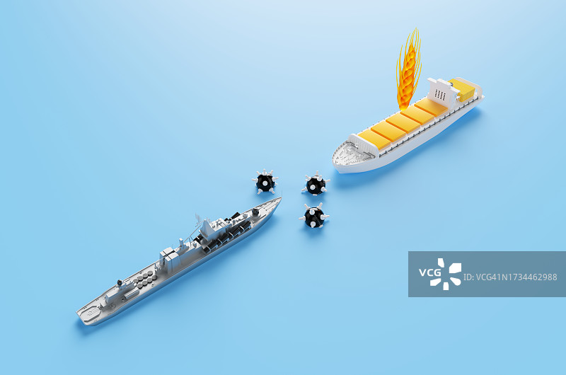 一艘运粮船被水雷和一艘军舰拦截图片素材