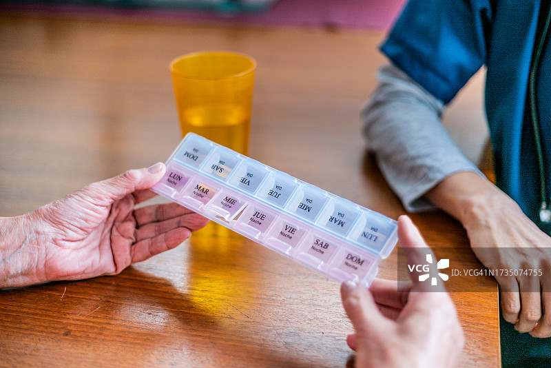 在家中拿着药的老年女人特写图片素材