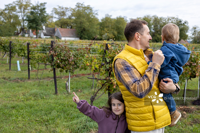 中年父亲和两个孩子在葡萄园图片素材