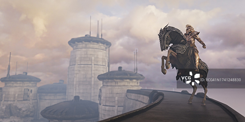 在城市墙上骑着后腿站立的马的女战士图片素材