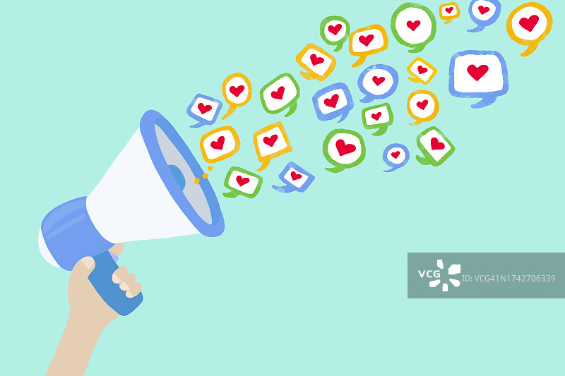手持扩音器喷射心形社交媒体图标插画图片素材