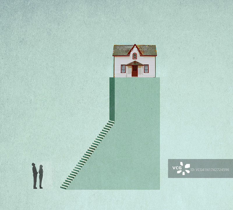 两个人看着无法进入的房子插画图片素材