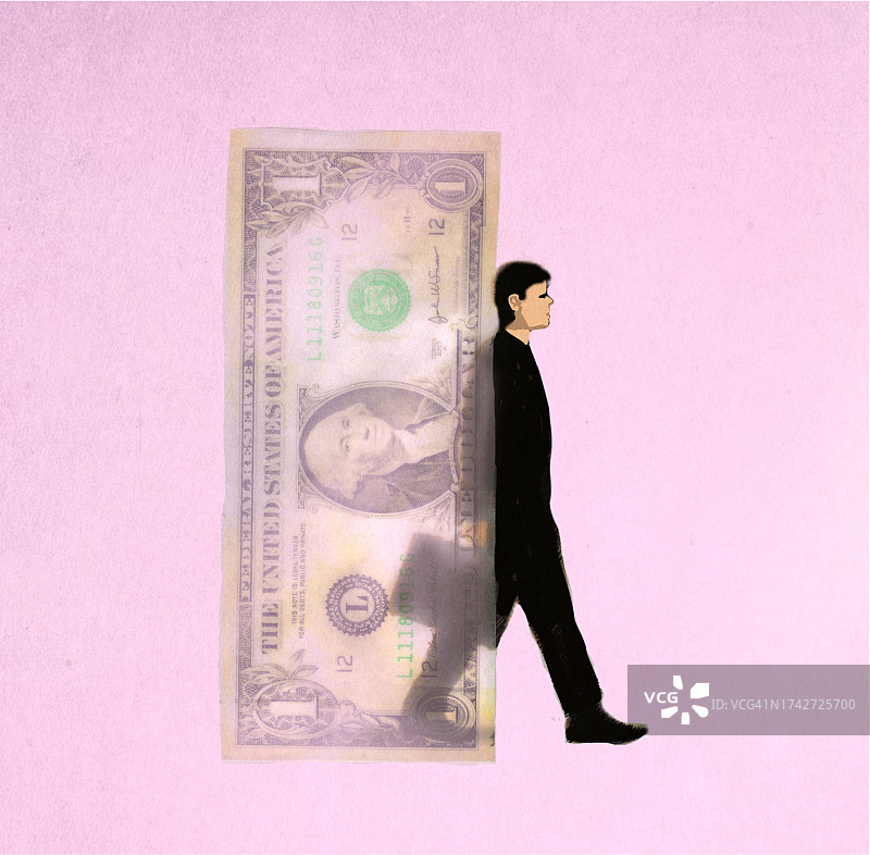 商人行走于超大美元钞票后的插画图片素材