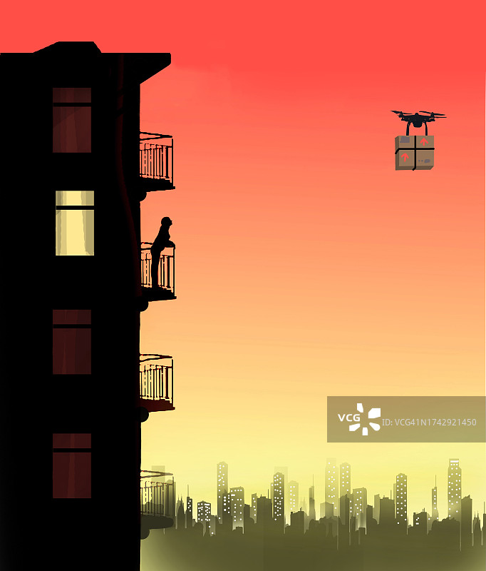 无人机向公寓阳台等待的女人运送包裹插画图片素材