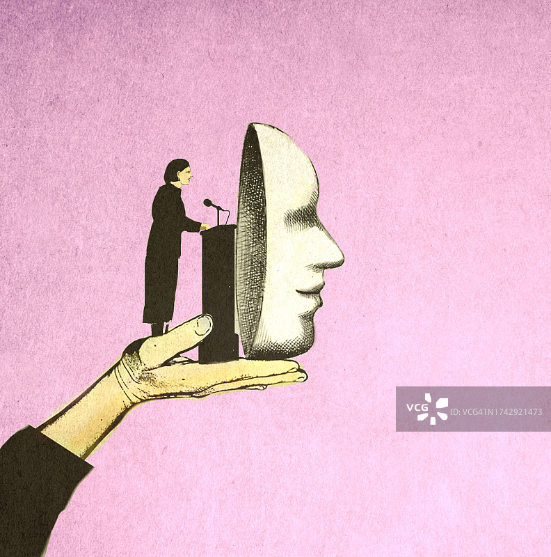 大手支撑女性发言者在大面具前讲话，象征谎言和欺骗的插画图片素材