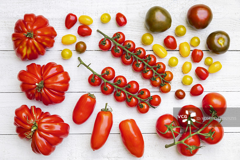 白色木板上平铺的不同品种成熟番茄图片素材