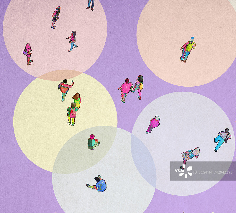 紫色背景下的聚光灯行人插画图片素材