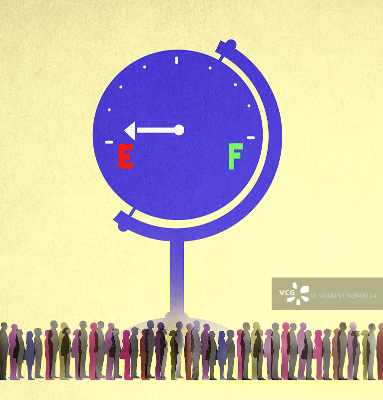 巨型油量表下排队的人群插画图片素材