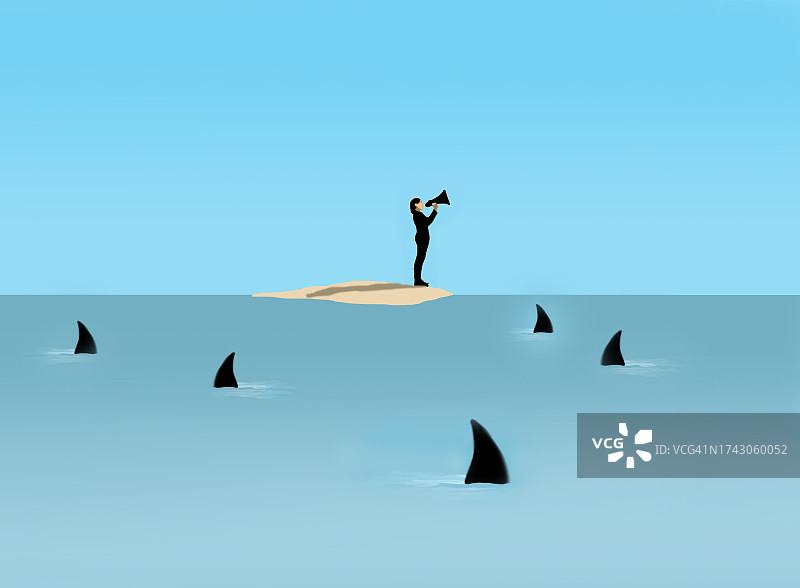 荒岛上的人用扩音器呼喊（鲨鱼环绕）图片素材