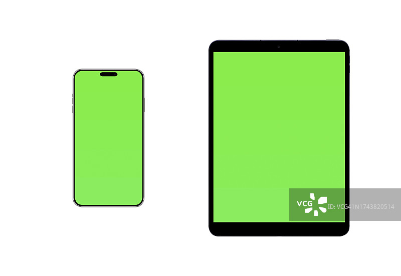 带有白色背景绿色屏幕的手机和平板电脑模型图片素材