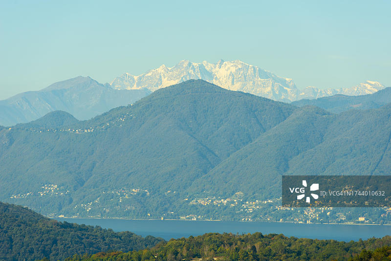 阳光明媚的日子里，瑞士提契诺的罗莎峰和马焦雷湖图片素材