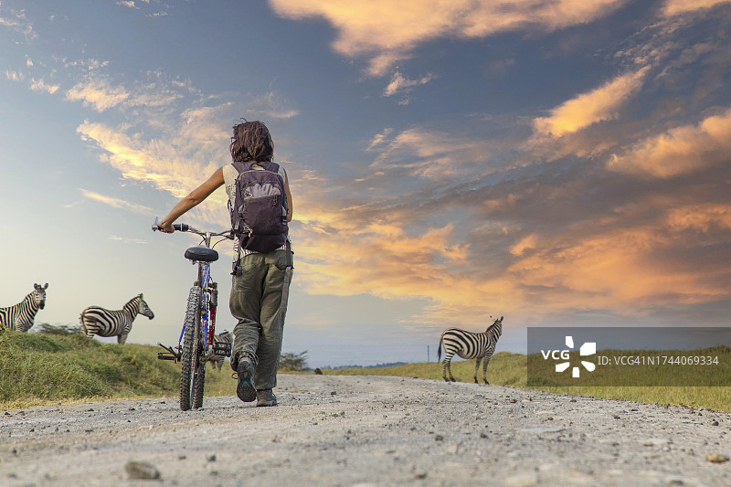 在肯尼亚地狱之门公园奈瓦沙，女孩在日落时骑自行车经过斑马图片素材