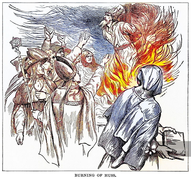 约翰·胡斯（捷克神学家和哲学家）被处决的古老雕刻插图图片素材