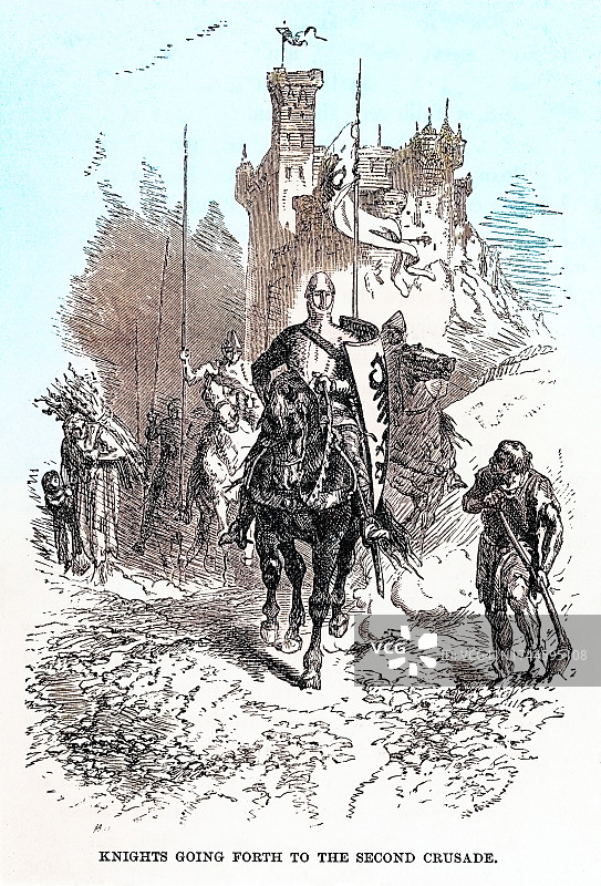 骑士参加第二次十字军东征的古老雕刻插图 (1145–1149)图片素材