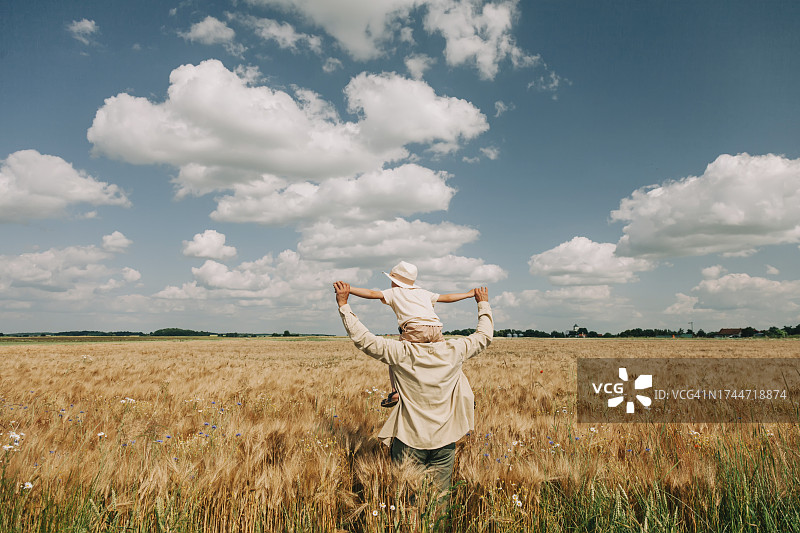 父亲在麦田里扛着儿子图片素材