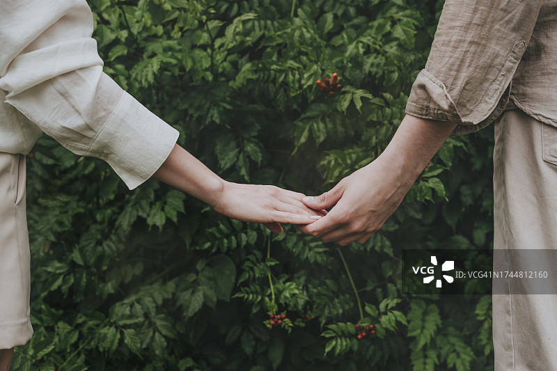 情侣在植物前牵手图片素材