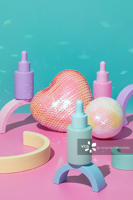 3D粉色化妆品展示台与几何装饰图片素材