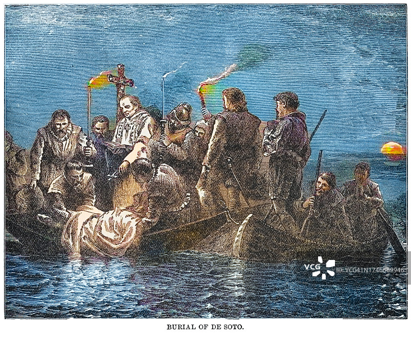 西班牙探险家埃尔南多·德·索托葬礼的古老雕刻插图图片素材