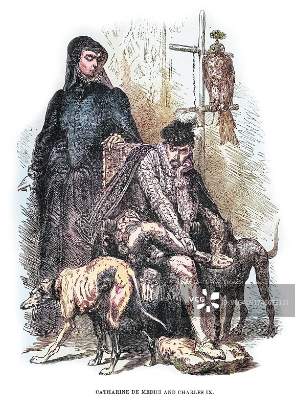 凯瑟琳·德·美第奇和儿子查理九世的古老雕刻插图图片素材