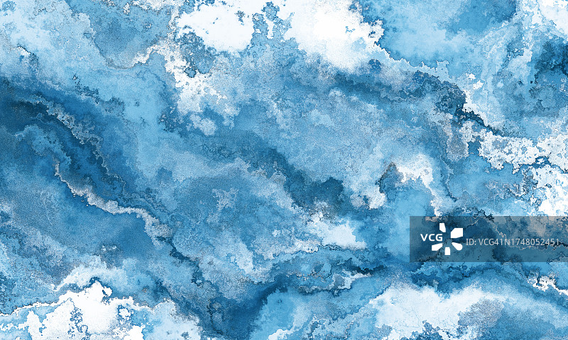 蓝色水彩艺术抽象油漆纹理背景，涂抹的蓝白色水彩图片素材