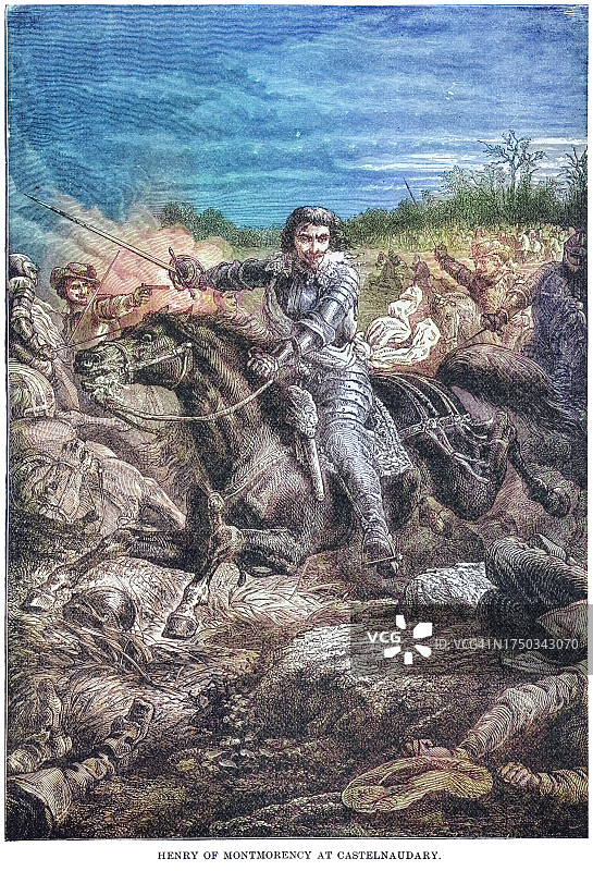 蒙莫朗西公爵亨利二世（法国贵族和军事指挥官）在卡斯泰尔诺达里战役（1632年9月1日）中的老式雕刻插图图片素材