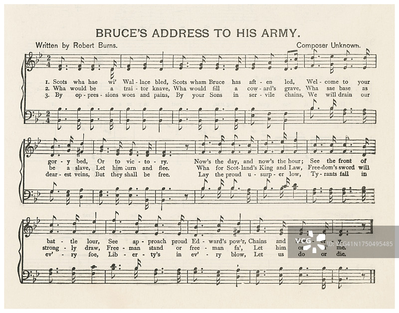 罗伯特·彭斯《布鲁斯告军》乐谱歌词古版画，苏格兰文化的重要组成部分图片素材