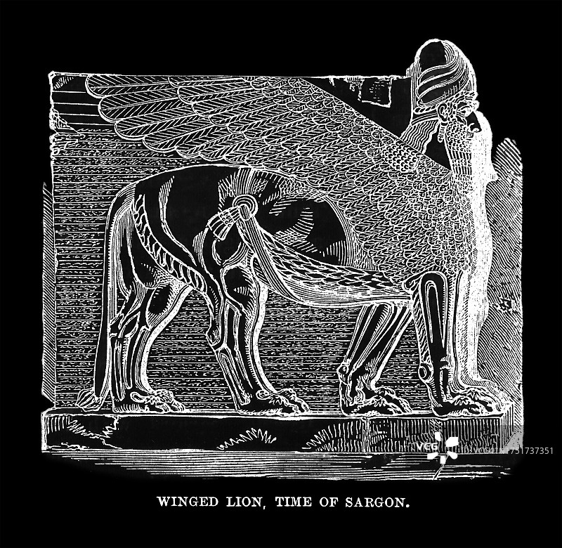 巴比伦和亚述艺术古版画：人首翼牛像（拉马苏），公元前721-705年图片素材