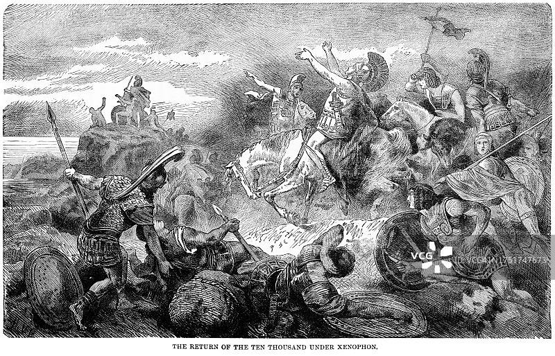 在雅典人色诺芬领导下，万人军团（主要由希腊人组成的雇佣军）的回归古老雕刻插图图片素材