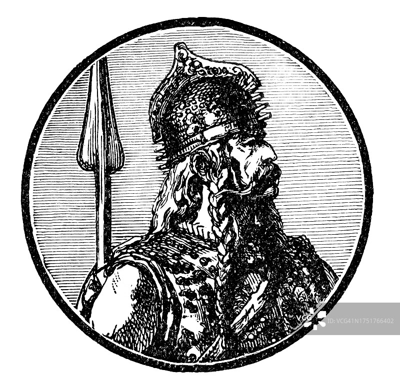 野蛮人国王的古老雕刻插图图片素材