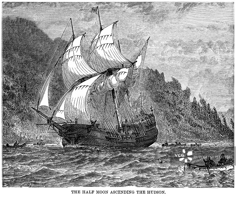 “半月”号（荷兰东印度公司游艇）航行于亨利·哈德逊河古董雕刻插图图片素材
