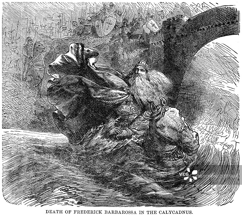 腓特烈一世，神圣罗马帝国皇帝去世的老雕刻插图图片素材