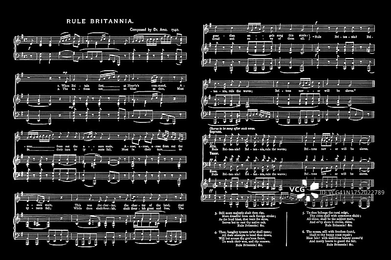 英国爱国歌曲《统治吧，不列颠尼亚！》的乐谱和歌词古老版画图片素材