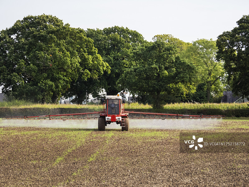 在英国莱斯特郡拉夫堡附近伍德豪斯，农民在秋季给冬小麦喷洒农药图片素材