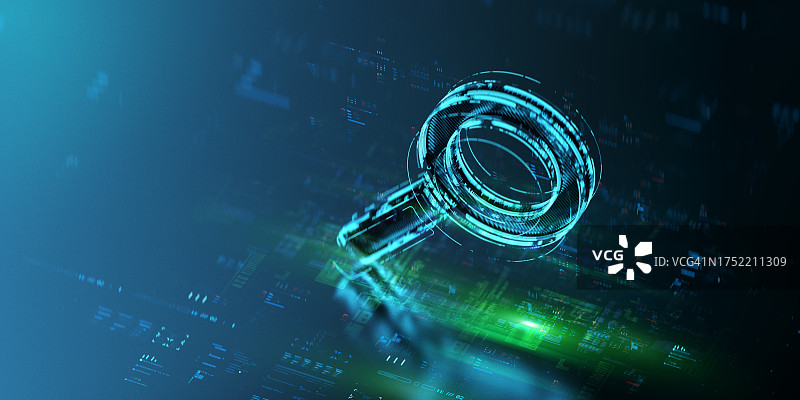 未来科技背景上的数字搜索图标全息图。搜索引擎进化。技术进步和创新世界的未来搜索图标。CGI 3D渲染图片素材