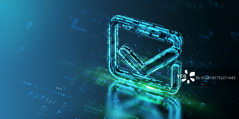 未来科技背景上的数字复选标记图标全息图。生产力和评级演变。技术进步和创新世界中的未来复选标记图标。 CGI 3D渲染图片素材