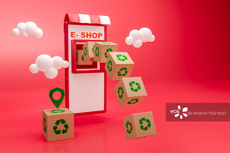 用智能手机在线购物与飞行的回收箱图片素材