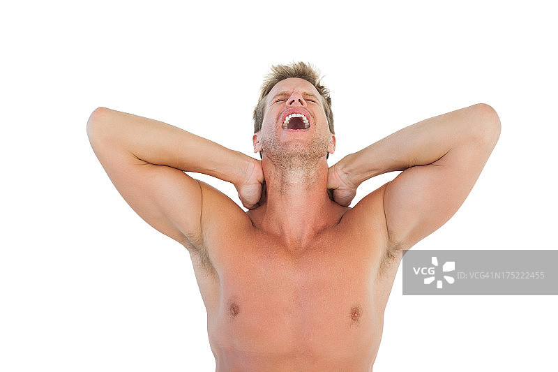 男人喊叫并患有颈部疼痛图片素材