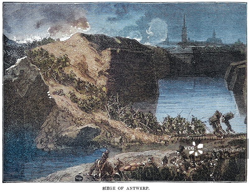 亚历山德罗·法尔内塞军队1584-1585年围攻安特卫普的古老雕刻插图图片素材