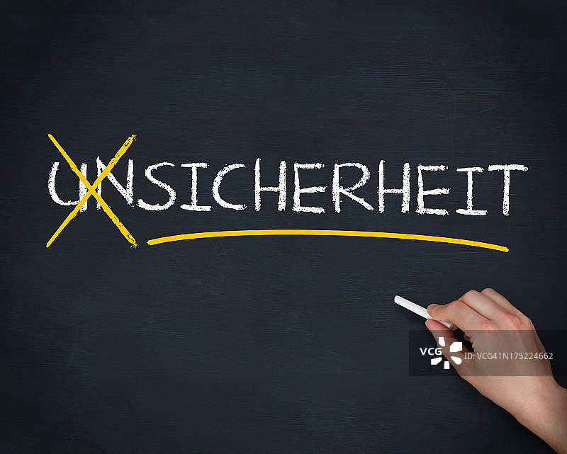 手划掉德语单词“unsicherheit”图片素材