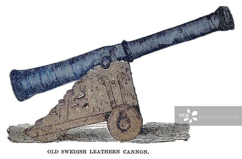 老式刻制图：瑞典旧式皮制火炮图片素材
