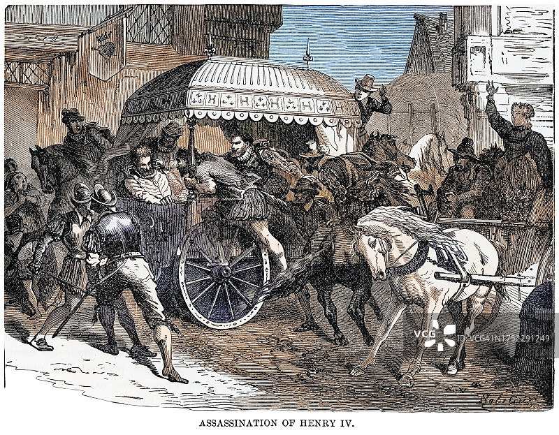 1610年亨利四世遇刺古版画：天主教狂热分子刺杀国王图片素材