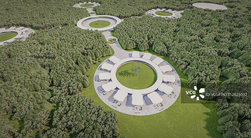 现代乡村酒店建筑群的2.5D图像，环绕树木图片素材