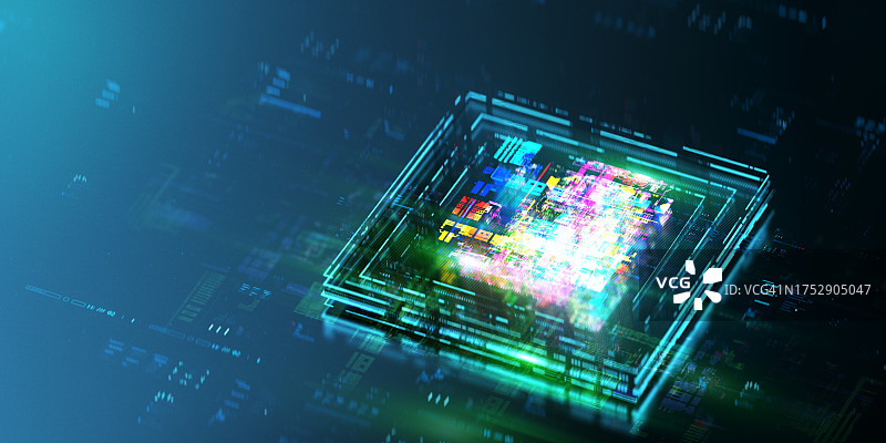 具有发光核心和数据传输的强大下一代CPU，量子技术和AI处理的未来，技术进步和创新世界的未来中央处理器，CGI 3D渲染图片素材