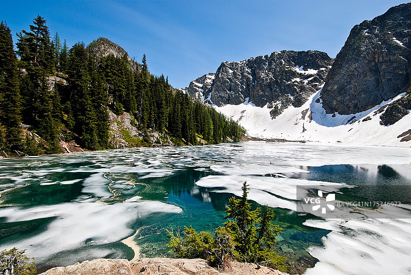 北部喀斯喀特山脉蓝色湖泊上的融冰图片素材