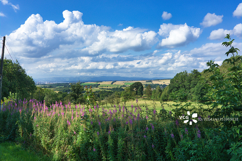 从威廉姆斯克雷格山上方向北看福斯河谷，英国苏格兰西洛锡安林利思戈图片素材