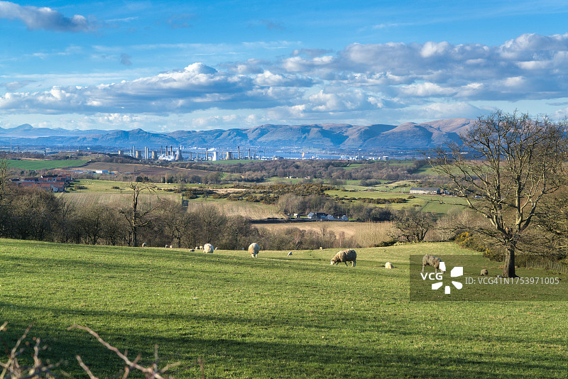 从威廉姆斯克雷格山上方向北看福斯河谷，英国苏格兰西洛锡安林利思戈图片素材