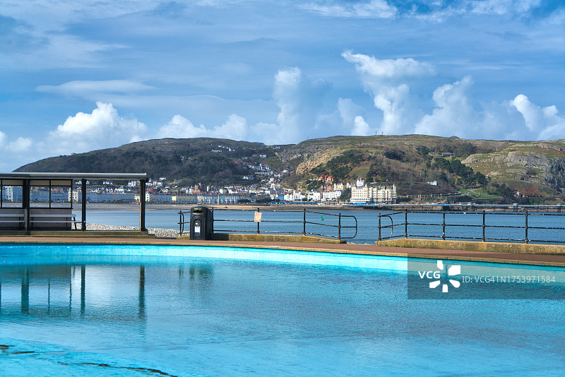 从长廊向南眺望大奥姆山和兰迪德诺镇，英国北威尔士兰迪德诺海滨图片素材